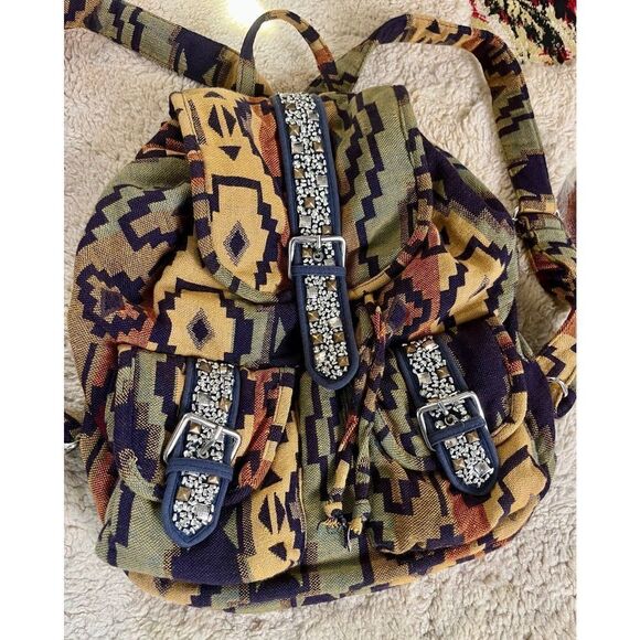 Urban Outfitters Ecote Aztec Southwest Flannel Boho Backpack Studded Drawstring - Picture 4 of 6